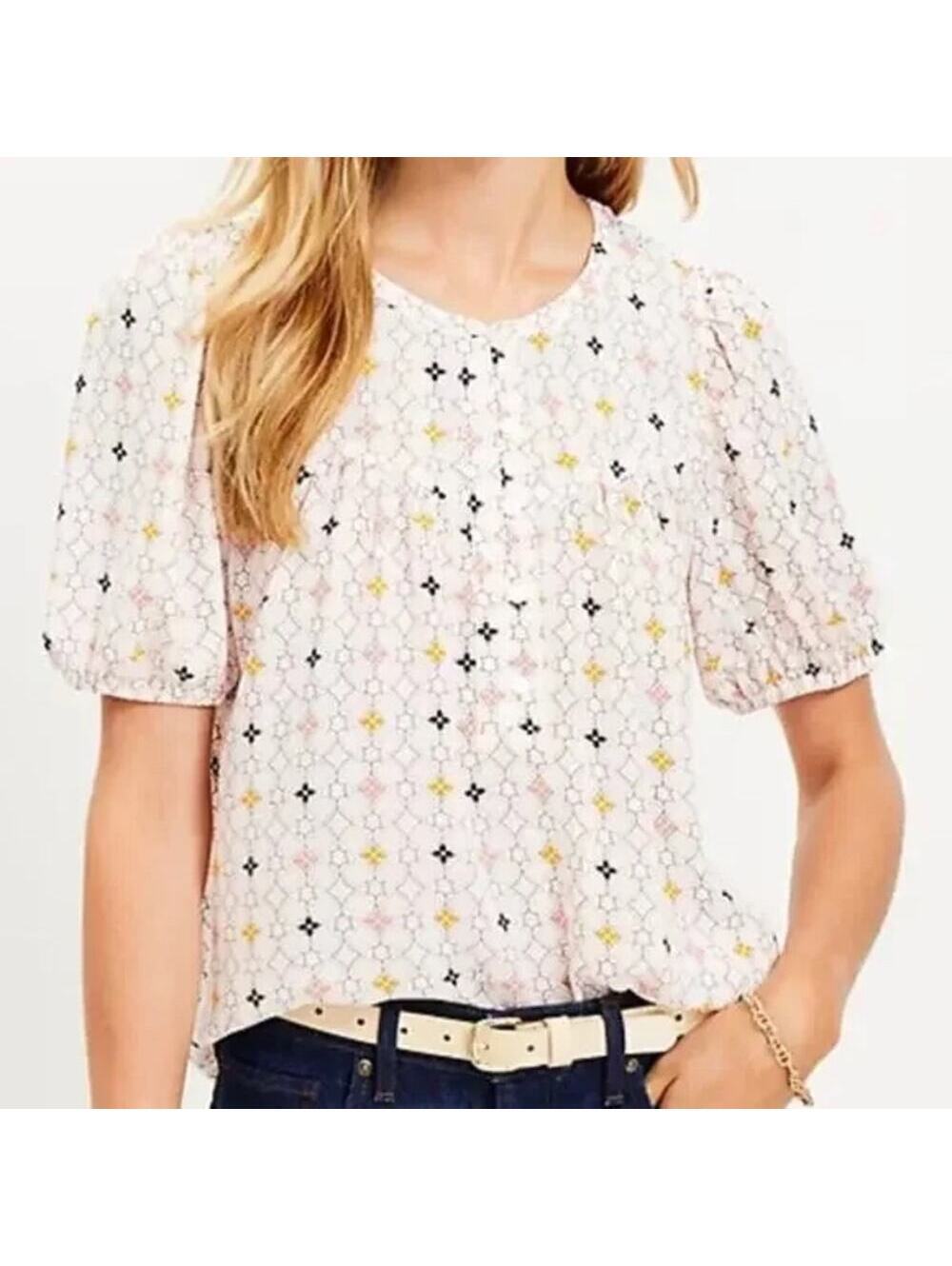 LOFT EUC Women's Geo Print Angled Yoke White Multicolored Blouse Size L